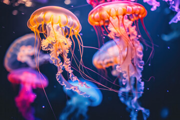 neon jellyfishes in aquarium 