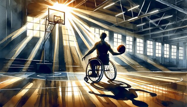 The image captures a man in a wheelchair playing basketball in an indoor court with sunlight streaming through the windows.