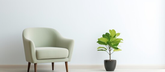Green armchair, small table, and plant in a white room.