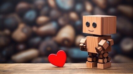 Classic wooden dummy holds red little heart for Valentine. Generative AI - obrazy, fototapety, plakaty