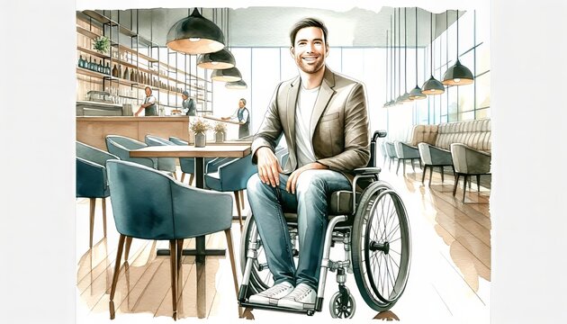 The image portrays a man in a wheelchair in a stylish cafe interior, smiling confidently at the viewer. - Powered by Adobe