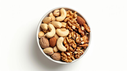 bowl of different nuts , top view,  isolated