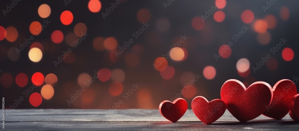 Poster empty wooden table with red hearts and bokeh lights. festive background for valentine's day
