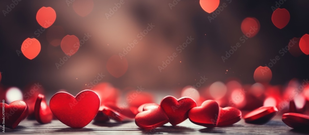 Aufkleber valentine's day background with red hearts on bokeh lights. generative ai