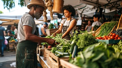Seller providing samples to clients while vending homegrown produce at nearby agricultural bazaar. Youthful interracial pair sampling fresh, sustainable crops during visit to food festival.