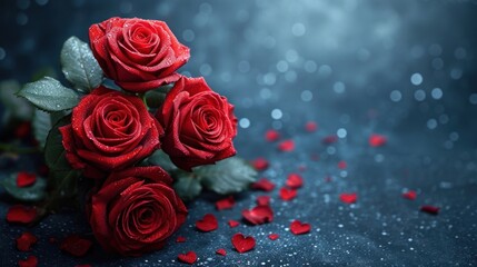  a bunch of red roses sitting on top of a black surface with red petals on the bottom of the petals. - obrazy, fototapety, plakaty