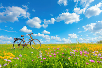 Obraz premium Beautiful spring summer natural landscape with a bicycle on a flowering meadow against a blue sky with clouds on a bright sunny day