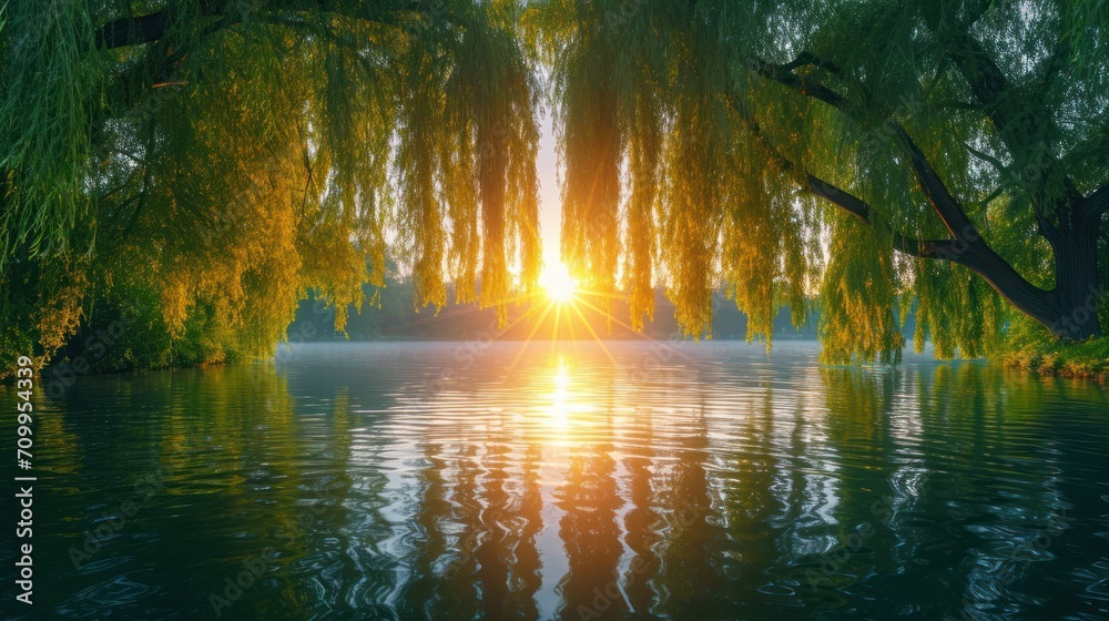 Poster the sun shines through the branches of a tree over a body of water with trees in the foreground.