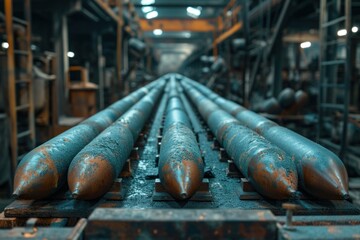 weapon industry, conveyor belt with ammunition or rockets