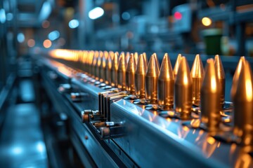 weapon industry, conveyor belt with ammunition or rockets or bullets - obrazy, fototapety, plakaty