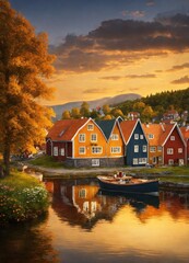 Fototapeta na wymiar Scandinavian fishing village on the shore of a pond