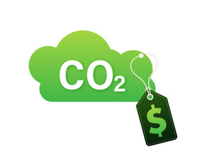 Conceptual vector illustration of green cloud with CO2 text and price tag, representing the cost of carbon emissions