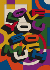 Love Abstract Background, 1980s - 1990s Style Poster Template, Vintage Colors, Geometric Shapes, 3D Lettering 