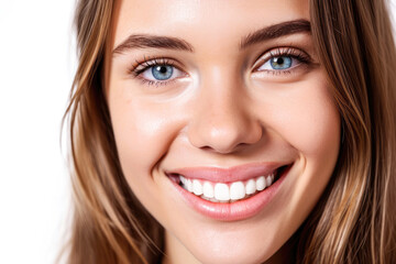 Radiant Smile: Captivating Close-Up of a Youthful Teenage Beauty Showcasing Immaculate Teeth in a Dental Advertisement. Featuring a Lovely Girl with Chic, Flowing Hair Against a Clean White Background