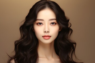 Naklejka premium A youthful Asian woman with wavy hair, Korean-inspired makeup, and flawless complexion poses against a plain beige backdrop, showcasing her facial care, beauty therapy, and cosmetic enhancements.