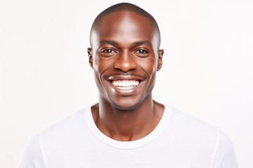 Celebrate Your Radiant Smile: Captivating Close-Up Portrait of a Stylish African-American Gentleman, Grinning with Immaculate Teeth – Perfect for a Dental Advertisement. Set Against a Clean White Back