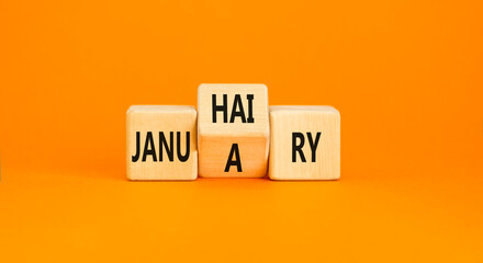 Obraz premium Januhairy or January symbol. Concept words Januhairy or January on beautiful wooden blocks. Beautiful orange table orange background. Social issues Januhairy or January concept. Copy space.