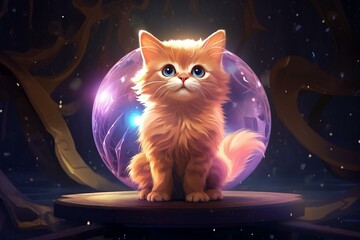 a fashionable cat with a sparkling orb, digital artwork. Generative AI