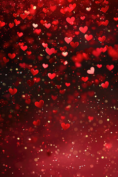 Valentines day abstract background with red hearts and bokeh lights