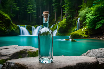 bottle of water or liquor in a beautiful lagoon background