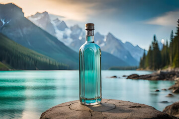 Obraz premium transparent bottle advertising in a beautiful lagoon