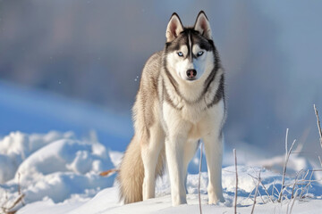 Siberian husky dog in the snow. Winter landscape.