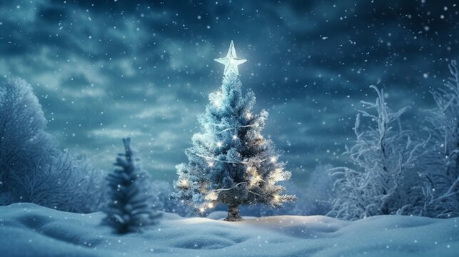 Blue winter background with fairy Christmas tree.Generative AI