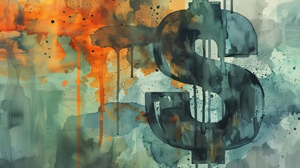 Abstract Watercolor Painting of a Dollar Sign with a Fusion of Orange and Teal Tones