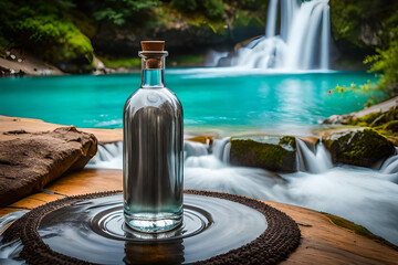 Obraz premium glass bottle presentation in a beautiful lagoon