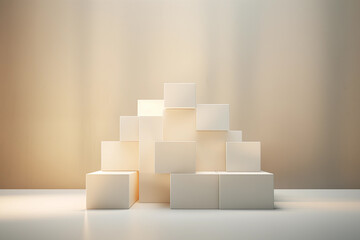 A pyramid of white cubes arranged artistically under soft lighting against a neutral background