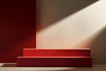 Obraz premium A simple modern interior featuring a bold red rectangular platform against a wall with a sharp contrast of deep red and cream colors, illuminated by a diagonal beam of light