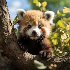 Photo of a playful baby red panda climbing a tree. Generative AI