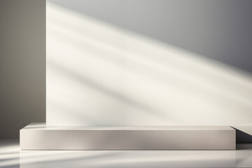A minimalist white podium illuminated by dramatic natural light casting diagonal shadows