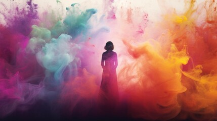 Illustration a woman with colorful Rainbow Smoke around there. AI generated image - obrazy, fototapety, plakaty