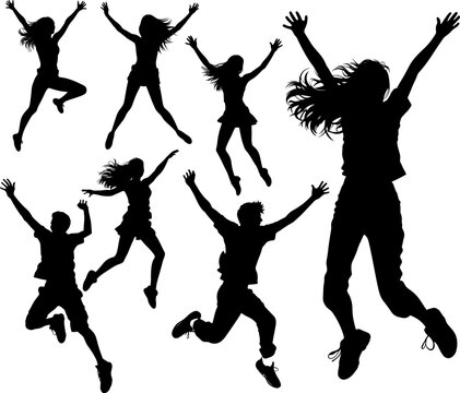 Set of jumping children silhouettes. AI generated illustration.
