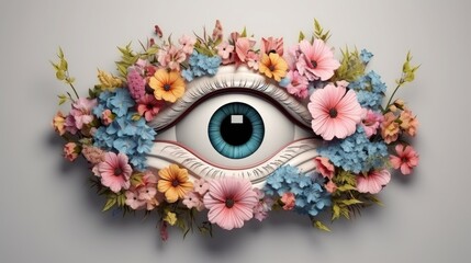 human eye organ with blooming flowers