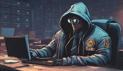 Government hacker with blue hoodie and law enforcement badge,  at computer laptop