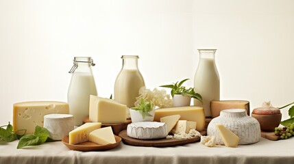 the bucolic charm of different dairy products coexisting in a harmonious setting a pristine white backdrop.