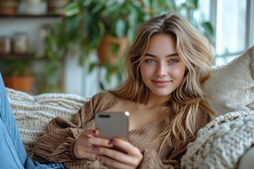 A young woman using a smartphone at home, showcasing a modern lifestyle with a focus on technology and communication.