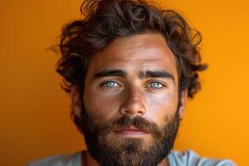 Obraz premium Portrait of a young confident man with a beard, serious expression, and trendy fashion style.
