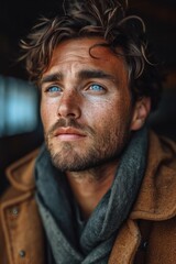 Fototapeta premium Stylish young man in an elegant coat, confidently posing.