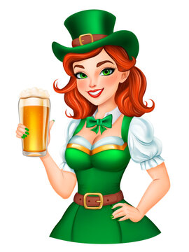 Charming cartoon leprechaun girl with red hair in green dress and hat holding a glass of beer, illustration for celebrating St. Patrick's Day, isolated on white background