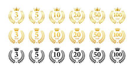 Vector set of top rank insignias with golden laurel wreaths and crowns, representing different levels of achievement