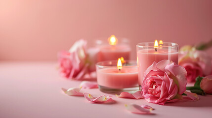 Obraz na płótnie Canvas pink roses aroma scented candles 