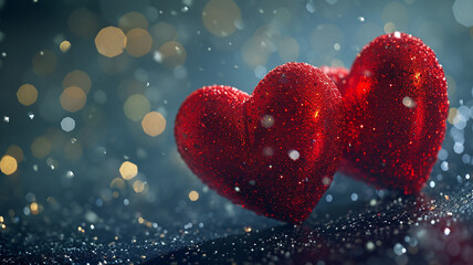 Valentines day Background of two red heart shape love made with glowing glitter bokeh image - obrazy, fototapety, plakaty
