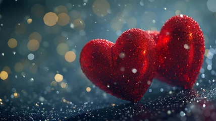 Poster Valentines day Background of two red heart shape love made with glowing glitter bokeh image © Mamun