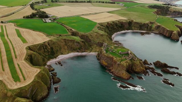 Dunnotar castle ruins in Scotland Aerial view