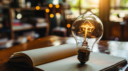 light bulb and notebook on wooden table,idea and business concept