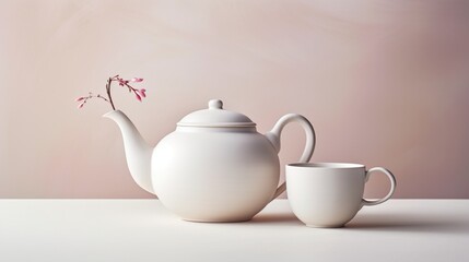the details of a teapot and cup on a spotless white backdrop, capturing the delicate forms and enhancing the aesthetic appeal of this timeless scene.