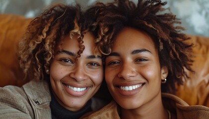 Queer couple bonding at home. Happy married lesbian couple smiling cheerfully while sitting together in their living room. Happy married lesbian couple. - obrazy, fototapety, plakaty